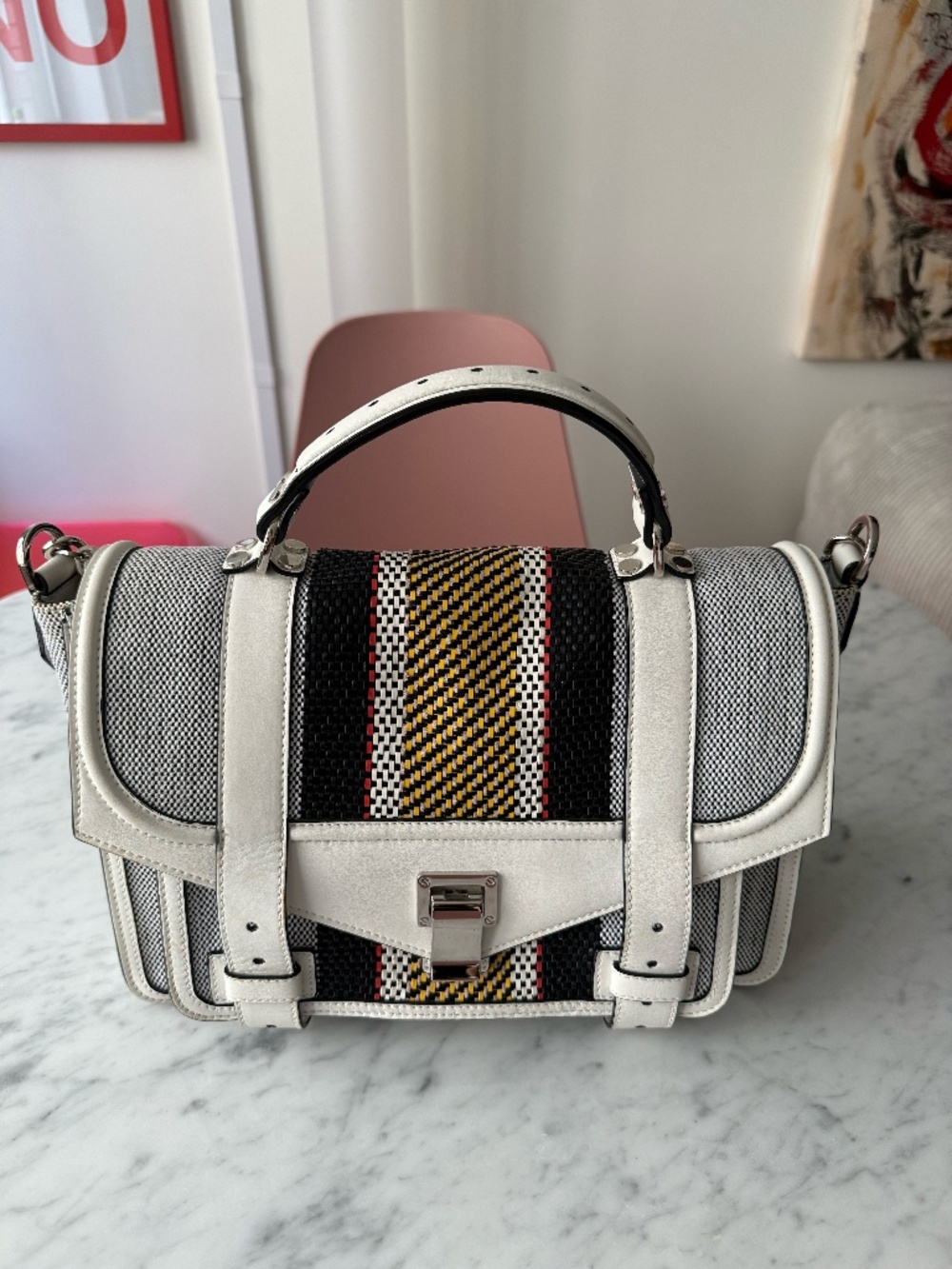 Proenza Schouler PS1 Medium Satchel White Leather & Woven Stripe Crossbody Bag